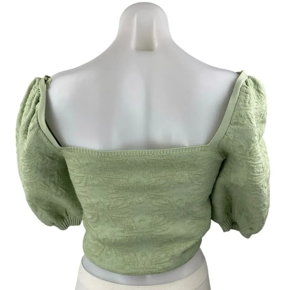 ZARA Light Green Jacquard Knit Short Puff Sleeve Square Neck Crop Blouse Top S
